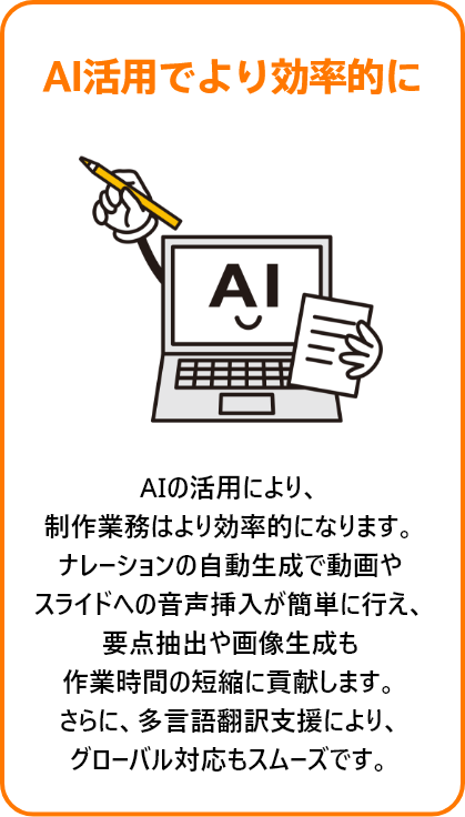 AI活用でより効率的に。AIの活用により、
制作業務はより効率的になります。
ナレーションの自動生成で動画や
スライドへの音声挿入が簡単に行え、
要点抽出や画像生成も
作業時間の短縮に貢献します。
さらに、多言語翻訳支援により、
グローバル対応もスムーズです。