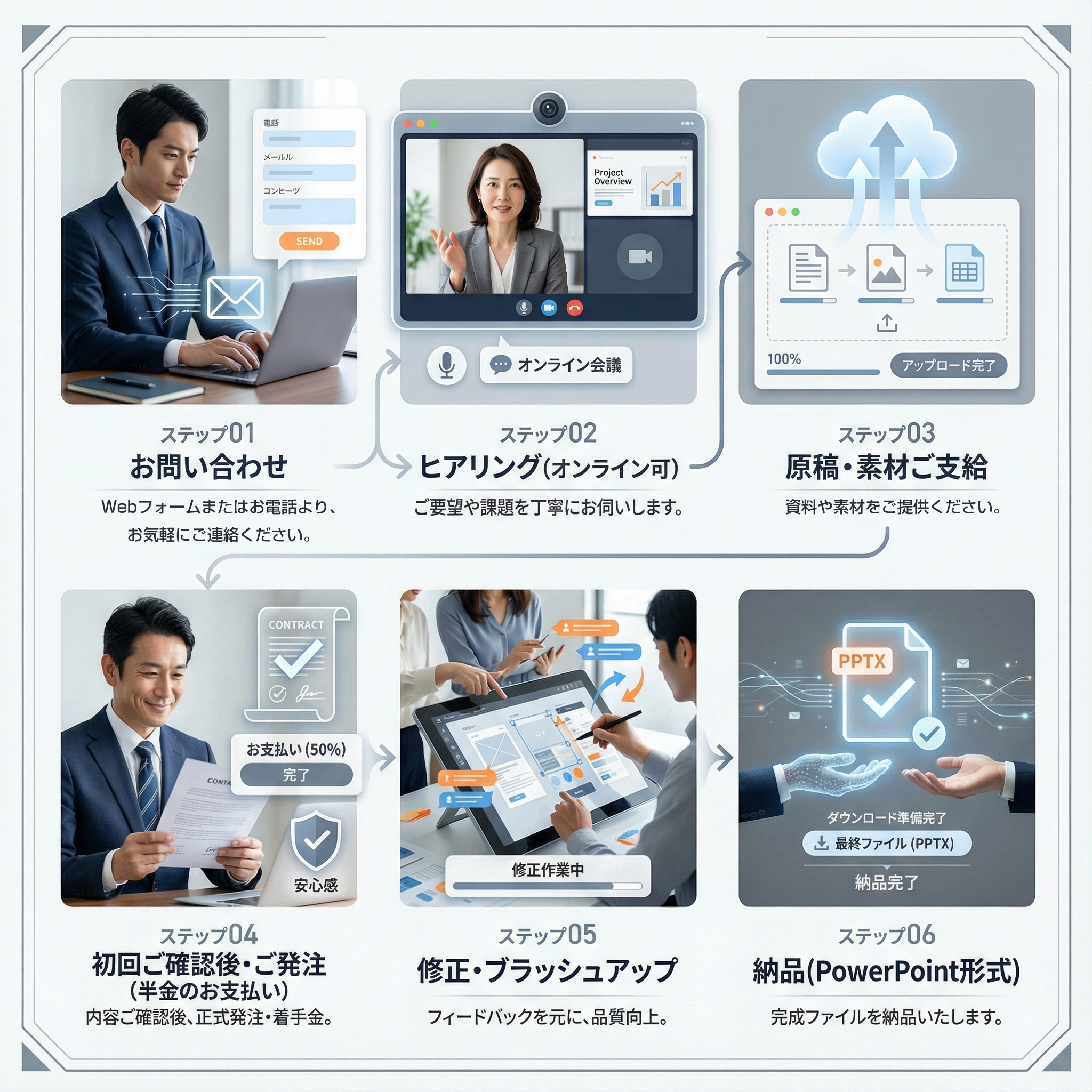 【STEP1】お問い合わせ：メールフォーム、またはお電話にてお問い合わせください。【STEP２】お見積り：内容を確認させていただき次第、お見積りをご提示します。【STEP３】お申し込み・制作開始：ご発注いただき、原稿と必要な写真やイラスト画像、データなどをご送付ください。【STEP４】初回ご確認後に半金のお支払い：ご提案内容のご確認、お見積額の半金のお支払いをお願いいたします。【STEP５】修正後の内容ご確認：ご要望を元に修正後、内容のご確認をしていただきます。【STEP６】パワーポイントファイルの納品：メール添付にて納品いたします。【STEP７】残りの制作代金のお支払い：納品後、1週間以内に残りの制作代金のお支払いをお願いいたします。